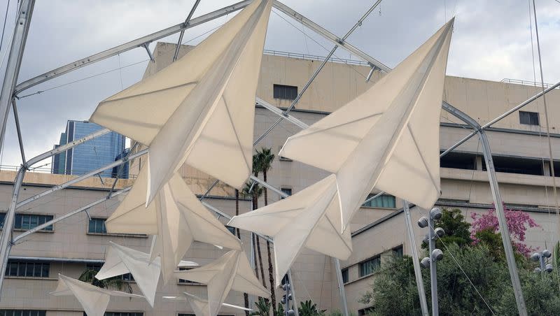 “Paper Airplane,” an art installation made of 11 airplanes that appear to be gliding over Olive Court in downtown Los Angeles’ Grand Park on Tuesday, Sept. 13, 2016. “Paper Airplane” was the result of The Music Center’s design competition that also serves as a canopy to provide shade and UV protection for the park.