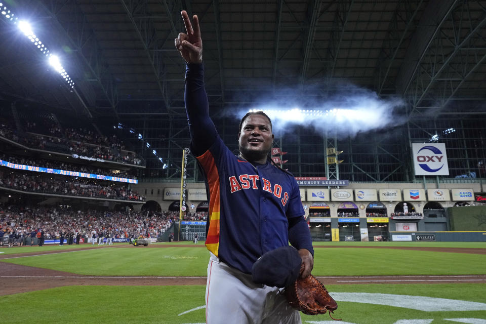 Houston Astros starting pitcher Framber Valdez gestures to the stands after throwing a no-hitter against the Cleveland Guardians, Tuesday, Aug. 1, 2023, in Houston. (AP Photo/Kevin M. Cox)