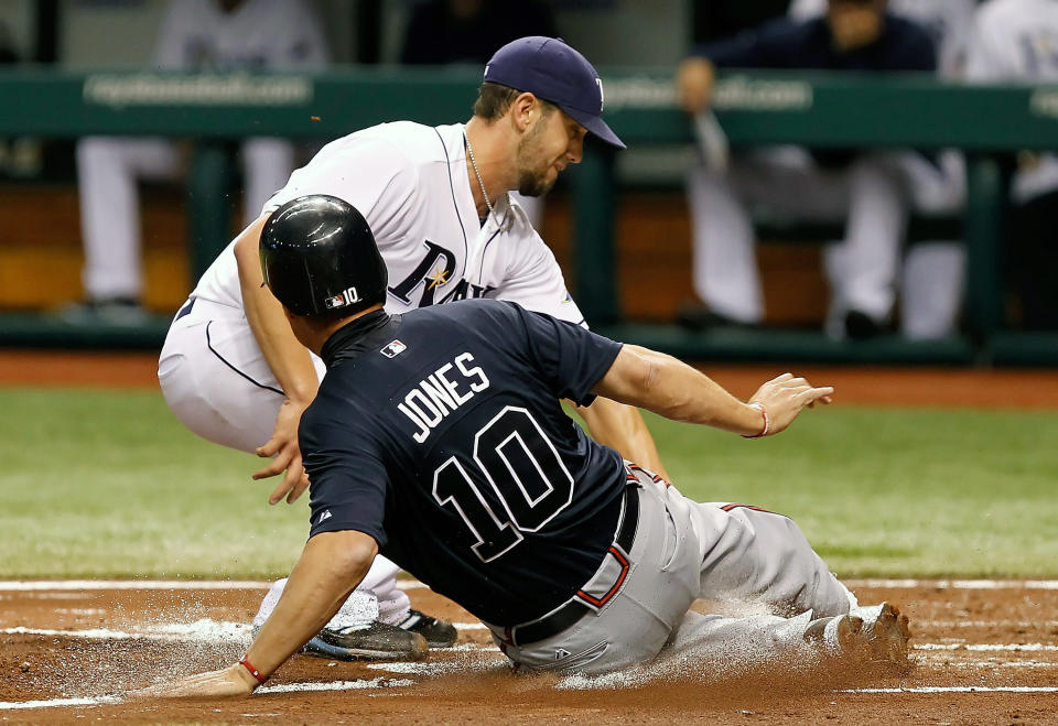 ST. PETERSBURG - MAY 18: Infielder Chipper Jones #10 of the Atlanta Braves scores on a passed ball as pitcher James Shields #33 of the Tampa Bay Rays is late with the tag during the game at Tropicana Field on May 18, 2012 in St. Petersburg, Florida. (Photo by J. Meric/Getty Images)