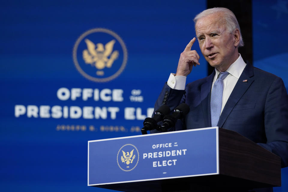 President-elect Joe Biden speaks at The Queen theater in Wilmington, Del., Wednesday, Jan. 6, 2021. Biden has called the violent protests on the U.S. Capitol "an assault on the most sacred of American undertakings: the doing of the people's business." (AP Photo/Susan Walsh)