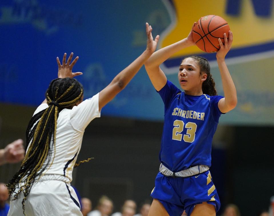 Webster-Schroeder's Bria Watkins plays in the state semifinal game last season.