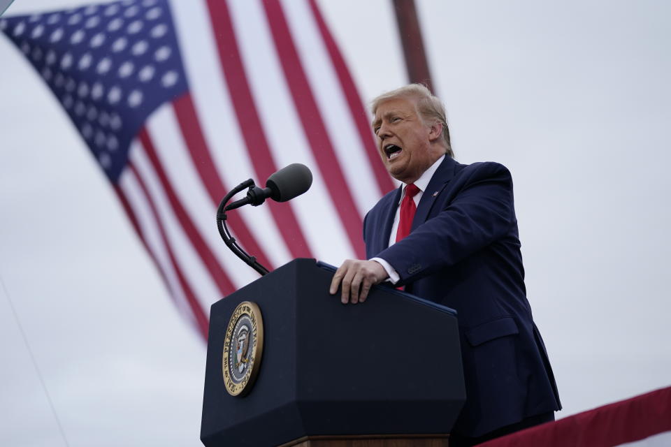 President Donald Trump speaks during a campaign rally at MBS International Airport, Thursday, Sept. 10, 2020, in Freeland, Mich. (AP Photo/Evan Vucci)