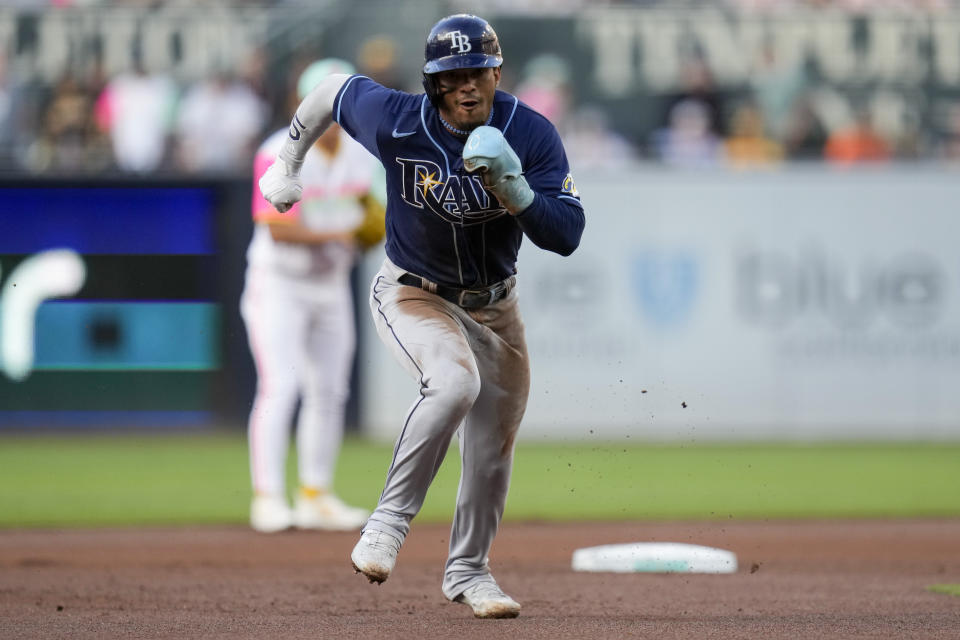 Tampa Bay Rays' Wander Franco leads off from second base during the first inning of a baseball game against the San Diego Padres, Friday, June 16, 2023, in San Diego. (AP Photo/Gregory Bull)