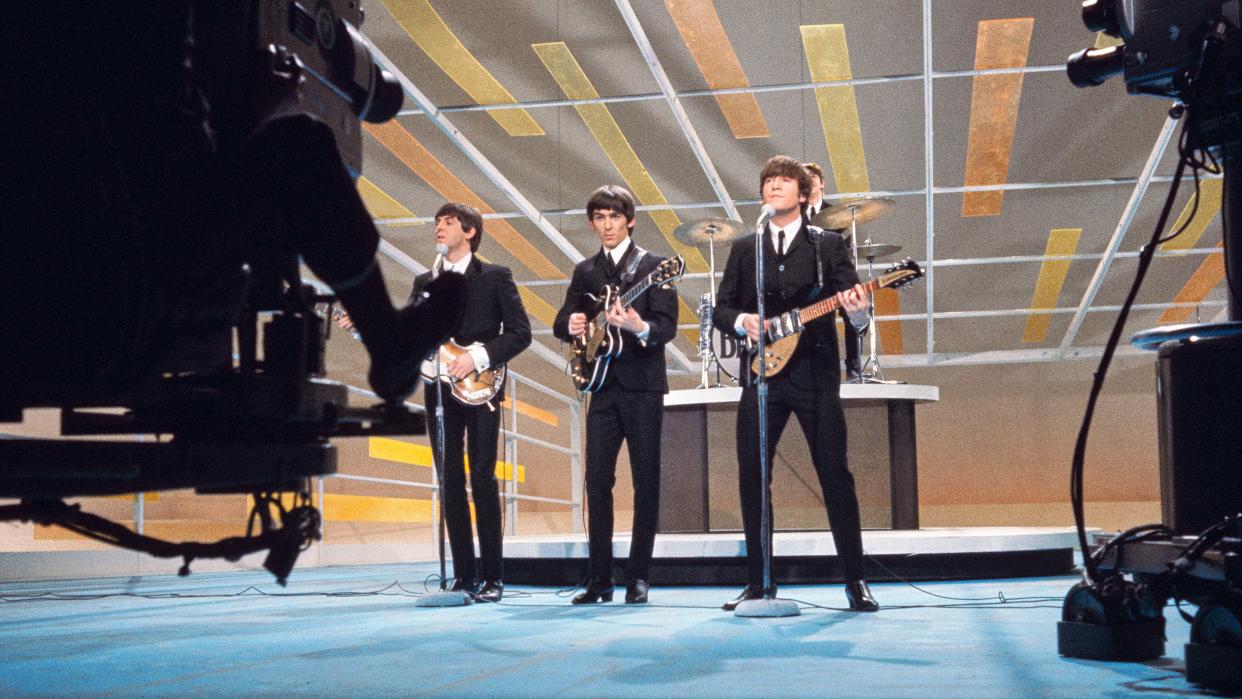  English Rock Band The Beatles, from left Paul McCartney, George Harrison, John Lennon, Ringo Starr performing on the Television Variety Series, "The Ed Sullivan Show", New York City, New York, USA, Bernard Gotfryd, February 1964. 
