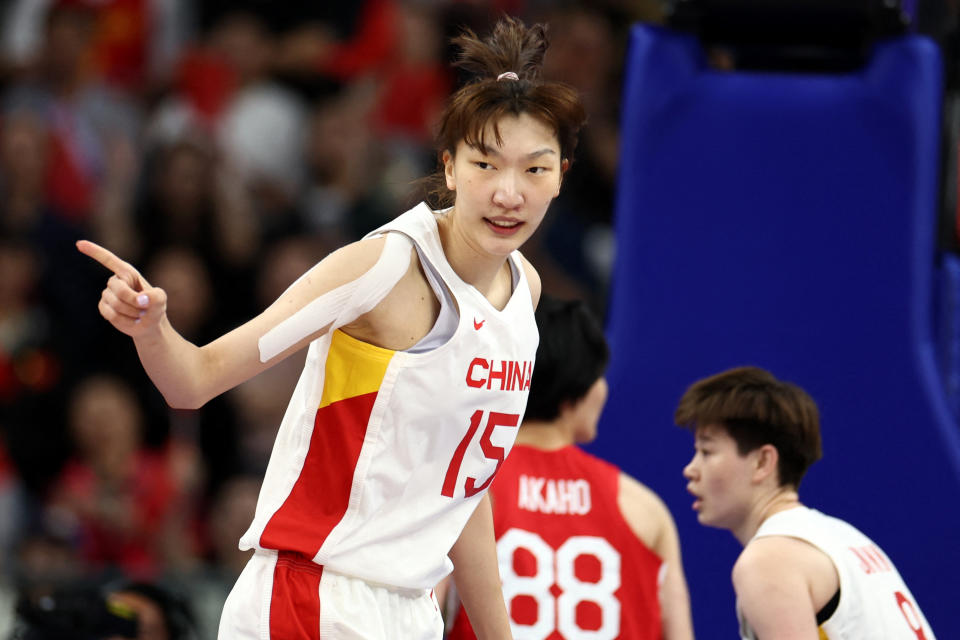 China's Han Xu reacts during gold-medal game at the Asian Games against Japan on Oct. 5, 2023, in Hangzhou, China. (REUTERS/Marko Djurica)