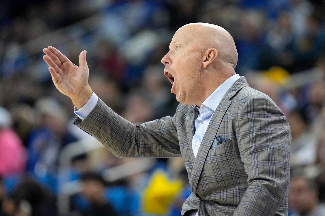 UCLA head coach Mick Cronin gestures to his team during the second half of an NCAA college basketball game against Denver Saturday, Dec. 10, 2022, in Los Angeles. (AP Photo/Mark J. Terrill)