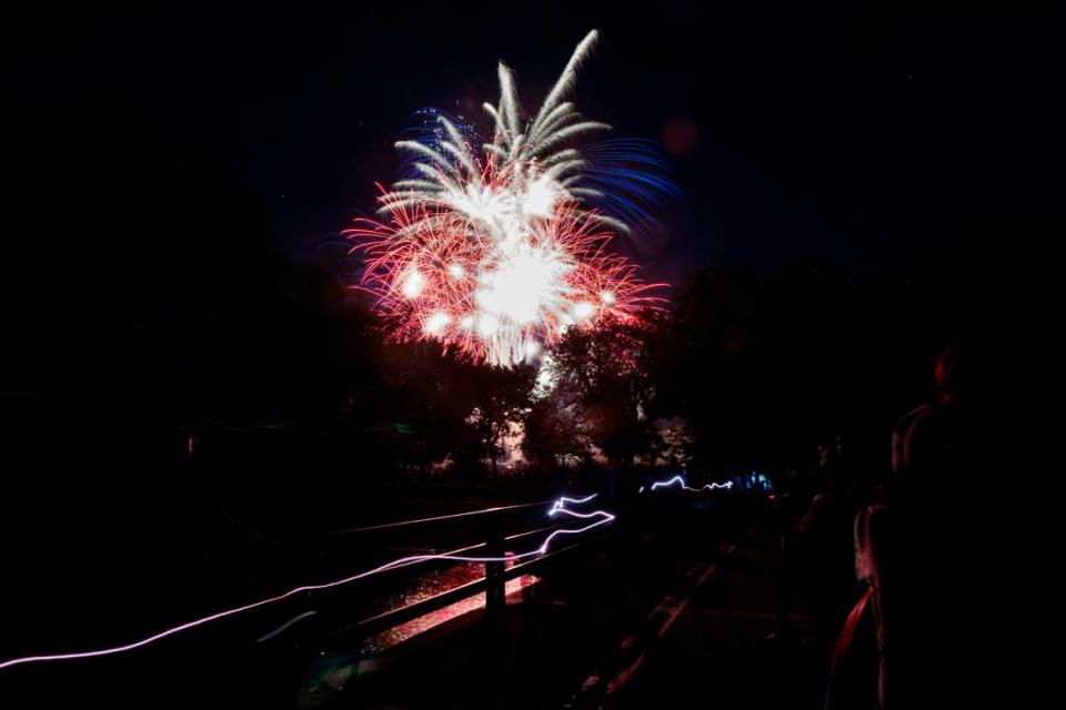 The City of Boise’s free Independence Day fireworks display lights up the sky at Ann Morrison Park on July 4, 2022.