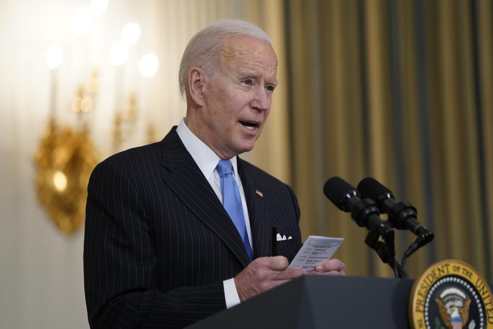 President Joe Biden speaks about efforts to combat COVID-19, in the State Dining Room of the White House, Tuesday, March 2, 2021, in Washington. (AP Photo/Evan Vucci)