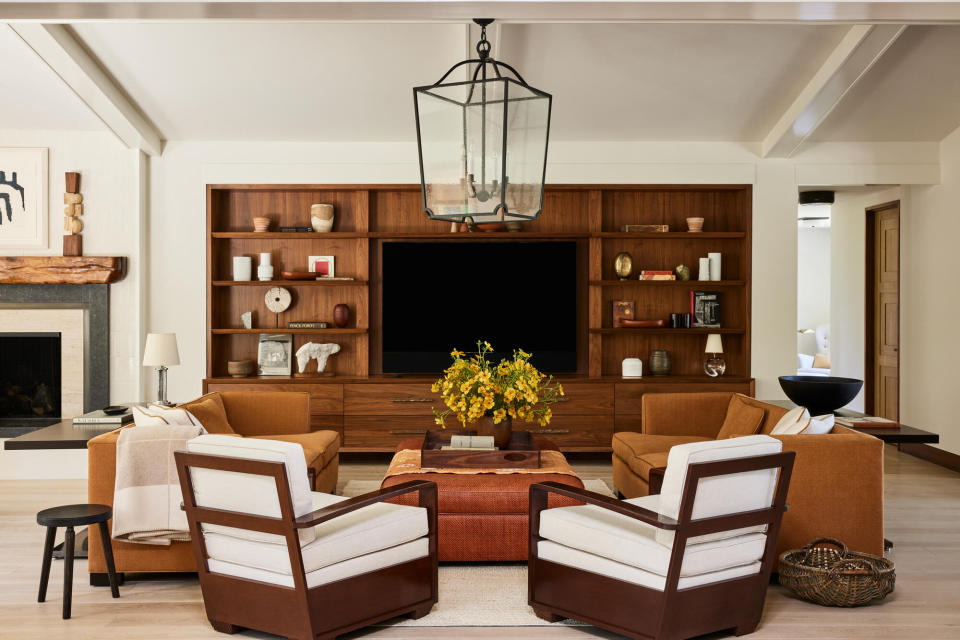 A living room with wooden details