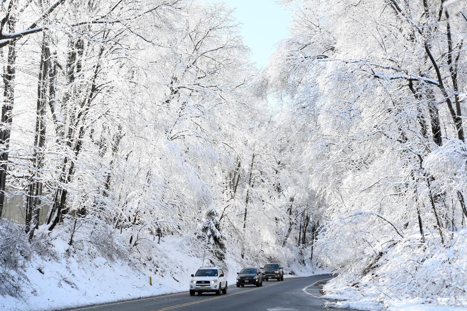 Snow-covered trees line Sussex Turnpike in Randolph, NJ on Tuesday, Dec. 3, 2019.