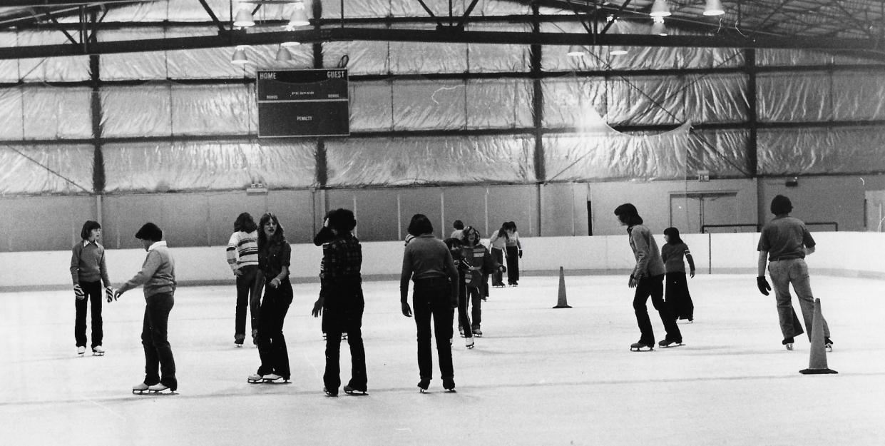 Skaters take a whirl around the new Lomi Ice Haus at Montrose in January 1978.