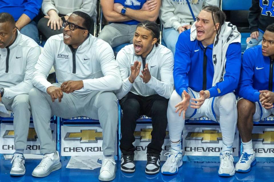 Tyler Ulis, center, is in his second season serving as a student assistant coach on the Kentucky men’s basketball staff.