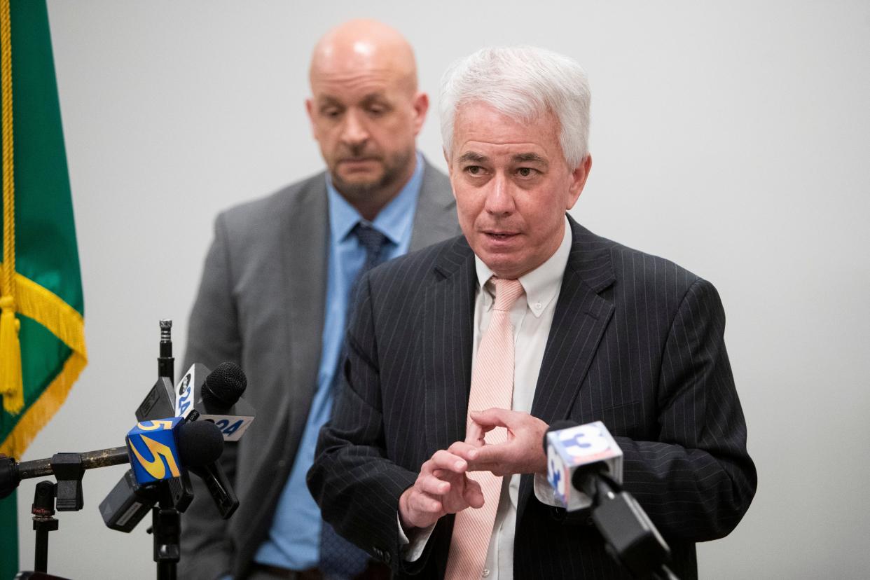 Shelby County District Attorney Steve Mulroy speaks to the press during a press conference at the Shelby County District Attorney’s Office in Memphis, Tenn., on Tuesday, January 23, 2024.