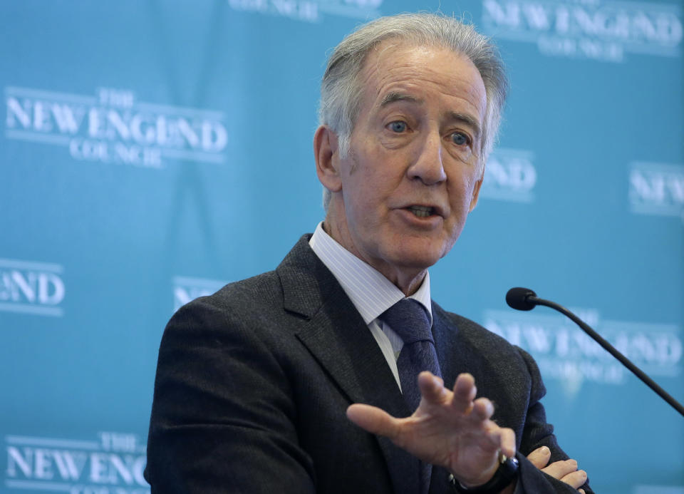 FILE - In this Tuesday, Nov. 27, 2018 file photo, U.S. Rep. Richard Neal, D-Mass., the incoming chairman of the House Ways and Means Committee, addresses an audience during a gathering of business leaders at a meeting of the New England Council at a hotel, in Boston. Chairman Neal is expected to eventually try to obtain Donald Trump's tax returns, which the president has refused to release. (AP Photo/Steven Senne, File)