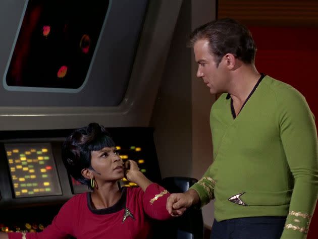 Nichols as Lt. Nyota Uhura and William Shatner as Captain James T. Kirk in the Star Trek episode 