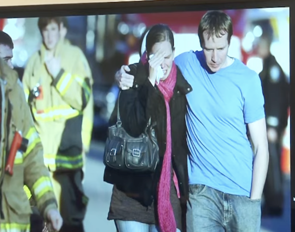 Screenshot of a photo of Alissa and Robbie Parker leaving the firehouse at Sandy Hook having learned their daughter Emilie had been killed in the shooting on 14 December 2012 (Law & Crime)