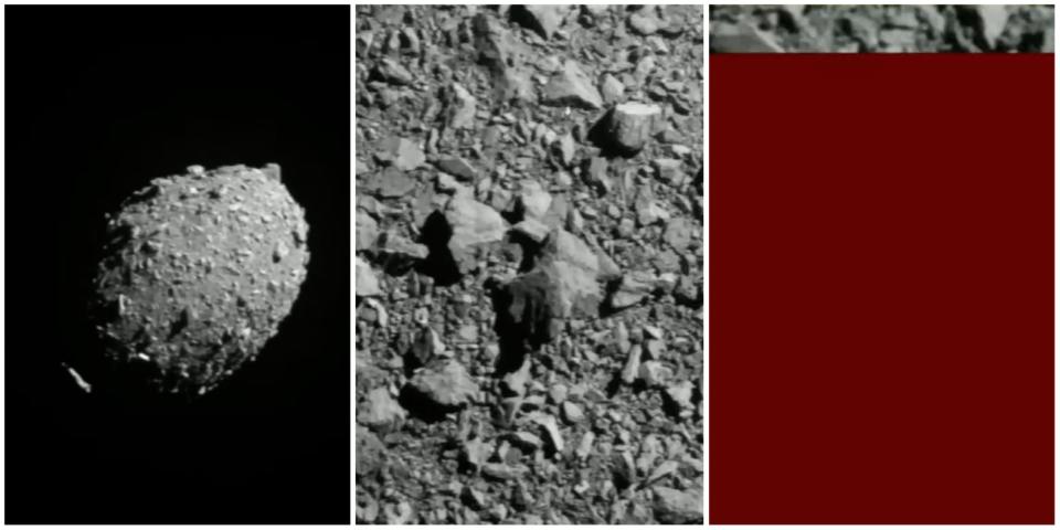 sequence of images showing asteroid from a distance then close up then video cutting out