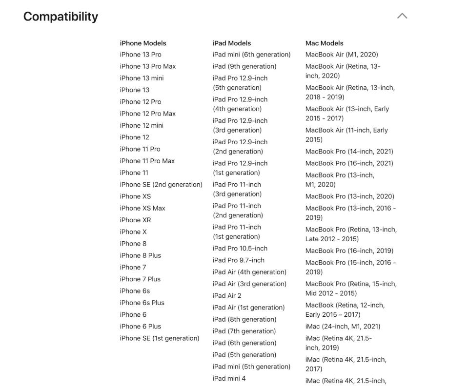 A long list from Apple's website showing the Apple products the cloth works with.