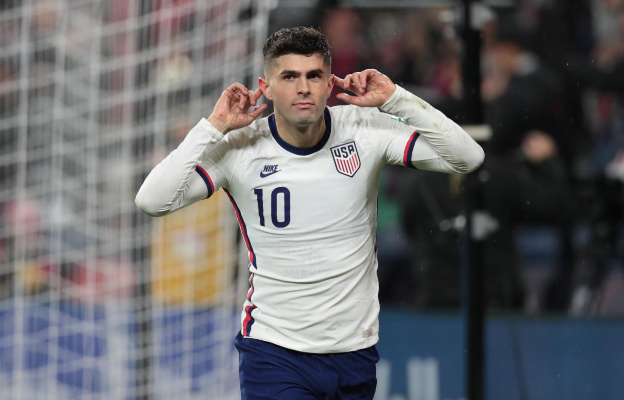 CINCINNATI, OH - NOVEMBER 12: Christian Pulisic #10 of the United States celebrates his goal during a game between Mexico and USMNT at TQL Stadium on November 12, 2021 in Cincinnati, Ohio. (Photo by John Dorton/ISI Photos/Getty Images)