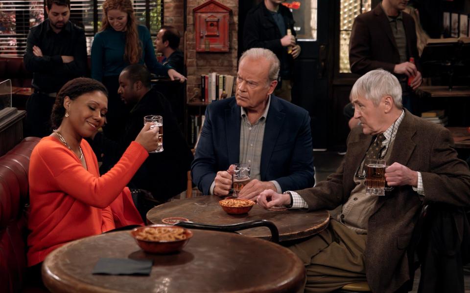 Nicholas Lyndhurst (right), Toks Olagundoye (left) as Olivia and Kelsey Grammer in Frasier