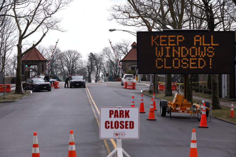 Police guard area where New York State's first drive through coronavirus mobile testing center opened in New Rochelle