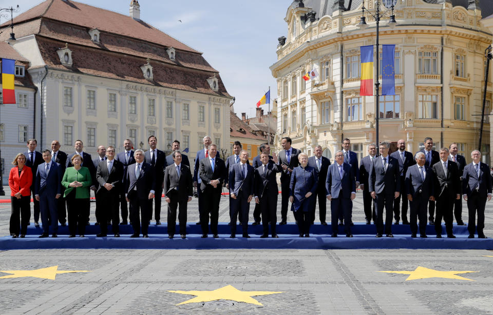 European Union leaders pose for a group photo at an EU summit in Sibiu, Romania, Thursday, May 9, 2019. European Union leaders on Thursday start to set out a course for increased political cooperation in the wake of the impending departure of the United Kingdom from the bloc. (AP Photo/Vadim Ghirda)