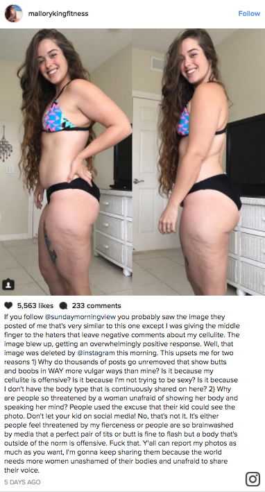 After Mallory King posted a cellulite selfie giving the middle finger to her trolls, Instagram deleted the picture and left the fitness blogger wondering why.