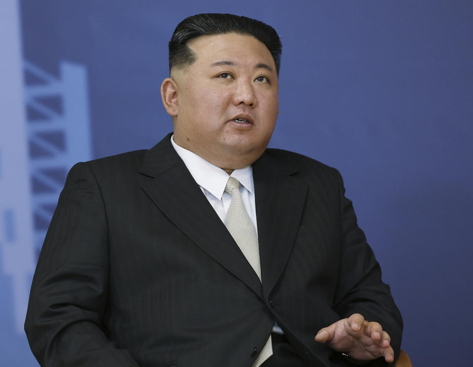 North Korea's leader Kim Jong Un speaks during his meeting with Russian President Vladimir Putin at the Vostochny cosmodrome outside the city of Tsiolkovsky, about 200 kilometers (125 miles) from the city of Blagoveshchensk in the far eastern Amur region, Russia, on Wednesday, Sept. 13, 2023. (Vladimir Smirnov, Sputnik, Kremlin Pool Photo via AP)