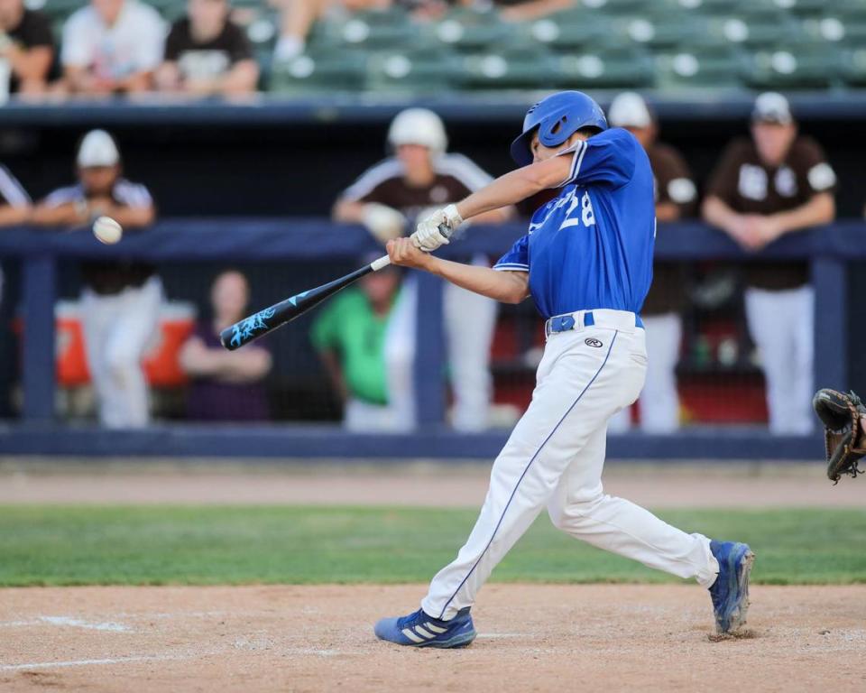 Columbia’s Dom Voegele doubles during Saturday’s IHSA Class 2A state championship game against Joliet Catholic Academy at Dozer Park in Peoria. Columbia ultimately fell 4-2 to Joliet.