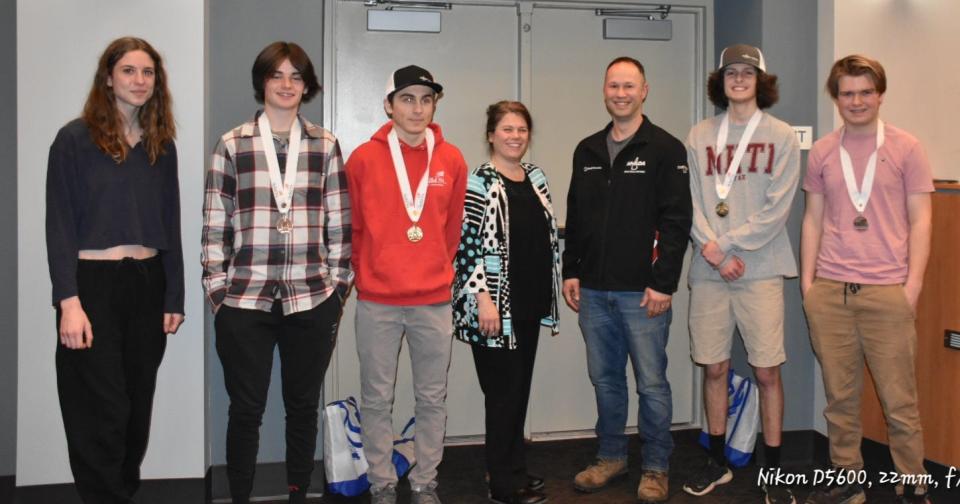 From left to right are Betsy Townsend, Ethan Lantz, Adam Croteau, Chef Beth Brown, Mr. David Lilly, Nick Kyrousis, and Calvin Puglisi.