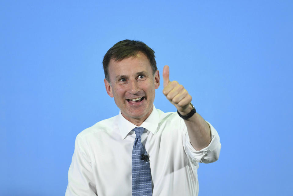 Conservative Party leadership candidate Jeremy Hunt during a Tory leadership hustings in Colchester, England, Saturday, July 13, 2019. (Joe Giddens/PA via AP)