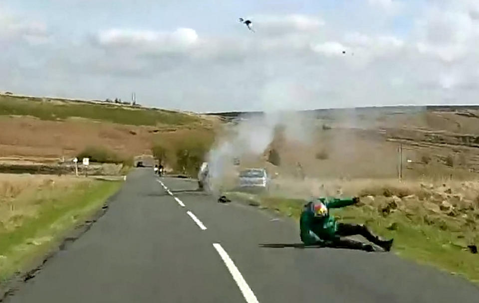 Dramatic footage of a 70mph head-on crash which left a motorcyclist with life changing injuries.  See SWNS story SWLEcrash.  On 28 April last year, the 35-year-old was riding along Mortimer Road, Sheffield when he was hit by a driver travelling 70mph on the wrong side of the road.  The horrifying footage first shows the car travelling around a blind left-hand bend. Due to the drivers excessive speed, it veers on to the wrong side of the road. As the Subaru driver fails to regain control, the video shows the motorcyclist brake, before the two collide head-on. The motorcyclist is then catapulted through the air.  The experienced ride suffered a broken back, a broken sternum and a broken wrist in the crash. His Suzuki K7 sports bike was completely destroyed on impact.  The victim, from Barnsley, has since credited the protective gear he was wearing at the time with saving his life. 