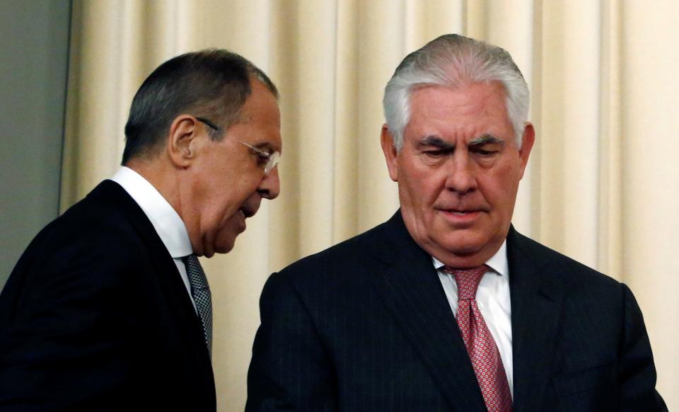 Russian Foreign Minister Sergei Lavrov and U.S. Secretary of State Rex Tillerson following talks in Moscow, April 12, 2017