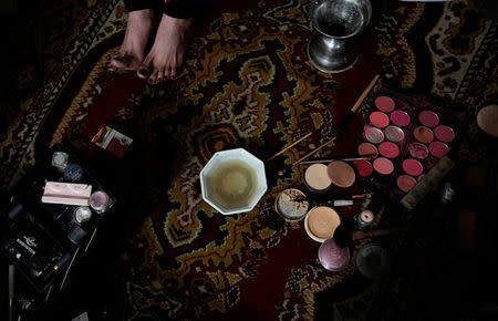 Make up lies on the floor as members of the transgender community prepare for Shakeela's party in Peshawar, Pakistan January 22, 2017. REUTERS/Caren Firouz