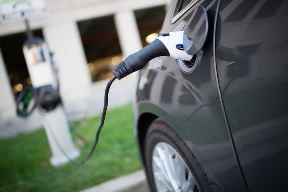 Electric cars are parked at a car charging station at The University of Maryland College Park.