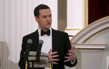 Britain's Chancellor of the Exchequer George Osborne speaks during the Bankers and Merchants Dinner at the Masion House in London, Britain June 10, 2015. REUTERS/Neil Hall