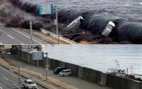 This combo shows an image (top) taken by a Miyako City official on March 11, 2011 of the tsunami breeching an embankment and flowing into the city of Miyako in Iwate prefecture and the same area (bottom image) on January 16, 2012 nearly one year after the March 11 tsunami devastated the area. March 11, 2012 will mark the first anniversary of the massive tsunami that pummelled Japan, claiming more than 19,000 lives. AFP PHOTO / JIJI PRESS (top image) AFP PHOTO/Toru YAMANAKA (bottom)