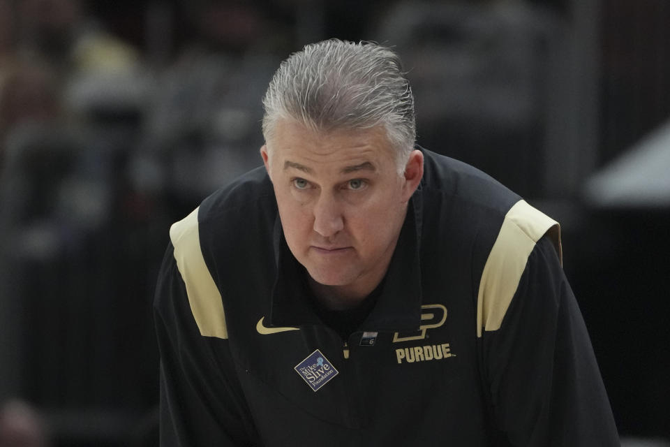 Purdue head coach Matt Painter watches during the second half of an NCAA semifinal basketball game against Ohio State at the Big Ten men's tournament, Saturday, March 11, 2023, in Chicago. (AP Photo/Erin Hooley)