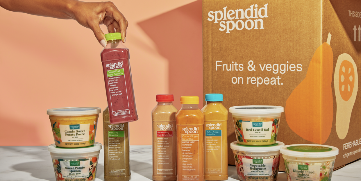 an assortment of smoothies and soups on a marble table with peach background from splendid spoon, a good housekeeping pick for best vegetarian meal delivery service