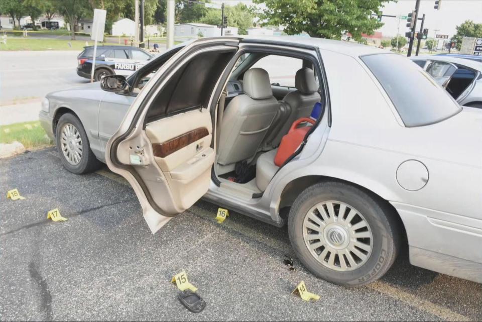 This photo released by the North Dakota Bureau of Criminal Investigation on Wednesday, July 19, 2023, shows the car driven by a man who opened fire on Fargo, N.D., police officers on Friday, July 14. One officer, Jake Wallin, was killed and two others were injured before a fourth officer shot and killed 37-year-old Mohamad Barakat. (North Dakota Bureau of Criminal Investigation via AP)