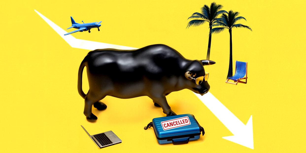 Photo illustration of the Wall Street Bull with a suitcase, plane, laptop and palm trees.
