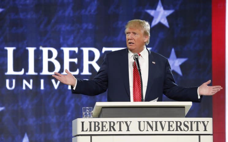 Trump addresses students and faculty at Liberty University, which calls itself the world's largest Christian university, on Jan. 18, 2016. (Photo: Steve Helber/AP Photo)