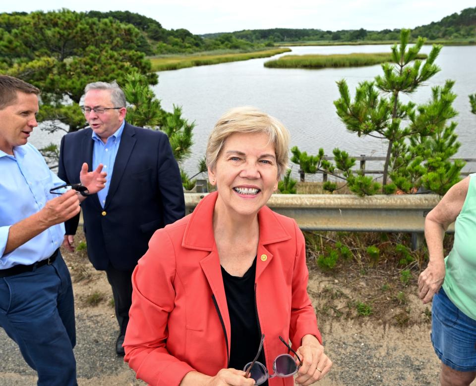 US Sen. Elizabeth Warren visits Wellfleet for a look at the of the Herring River Restoration Project from the Chequessett Neck Road Bridge.