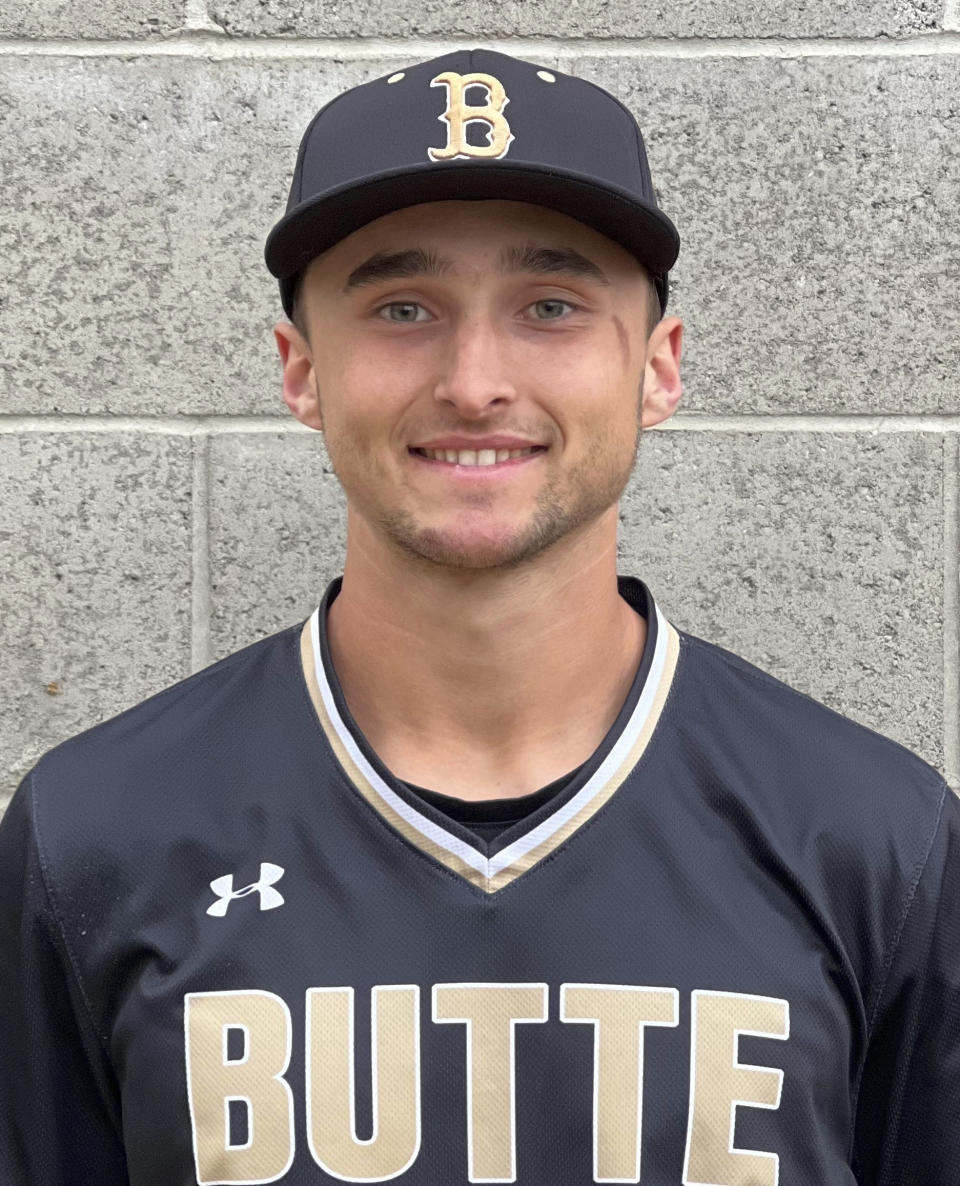 This 2022 photo provided by Butte College shows baseball player Peter Andrews. Julia Scoles and Peter Andrews have faced much adversity throughout their college careers but both are hoping their journeys to overcome it will help others. Scoles, a beach volleyball player at Southern California, and Andrews, who plays baseball for Butte College, have been named the first finalists for the CalHOPE Courage Award. (Butte College Athletics via AP)