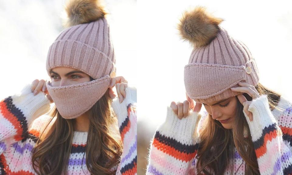 Girl wearing pink beanie with removable mask.