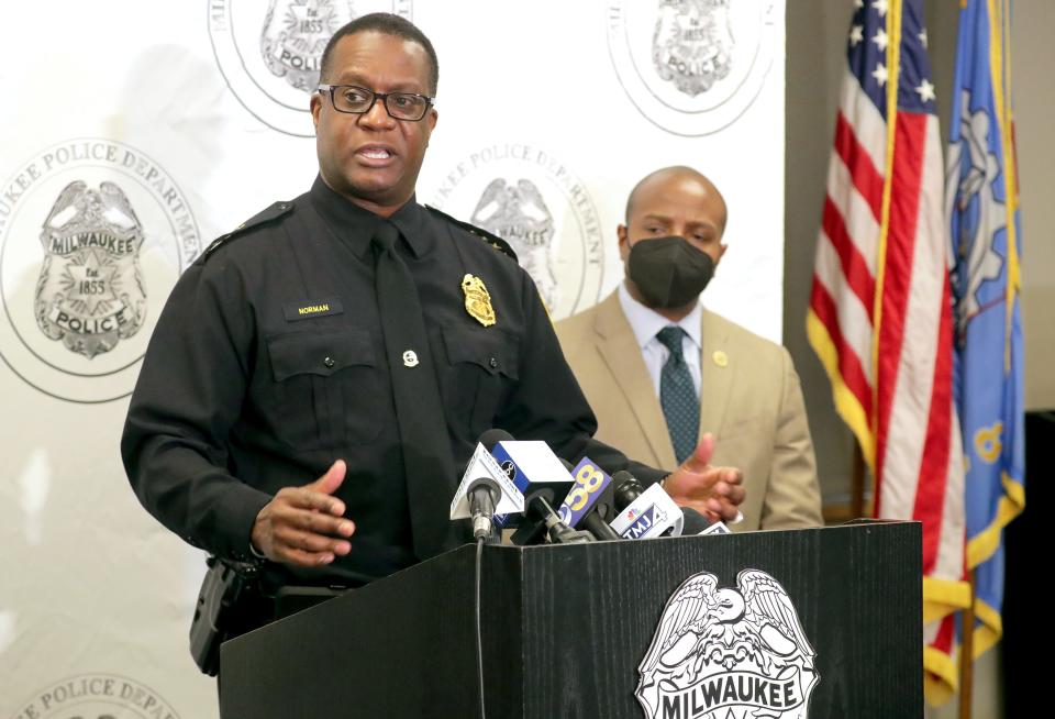 Milwaukee Police Chief Jeffrey Norman, left, addresses the media next to Acting Mayor Cavalier Johnson during a news conference at the Police Administration Building in Milwaukee on Thursday in connection with the homicides of six people inside a duplex at North 21st and West Wright streets Sunday.