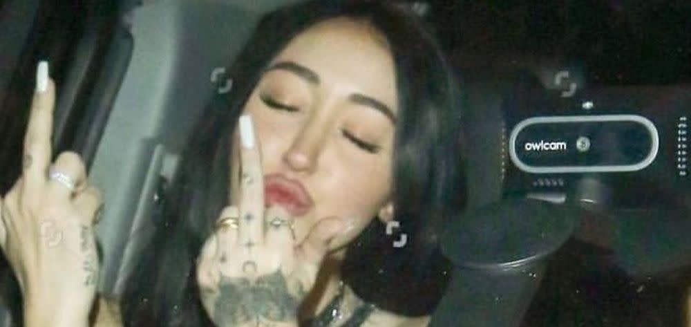 Noah Cyrus flipping the bird in a vehicle