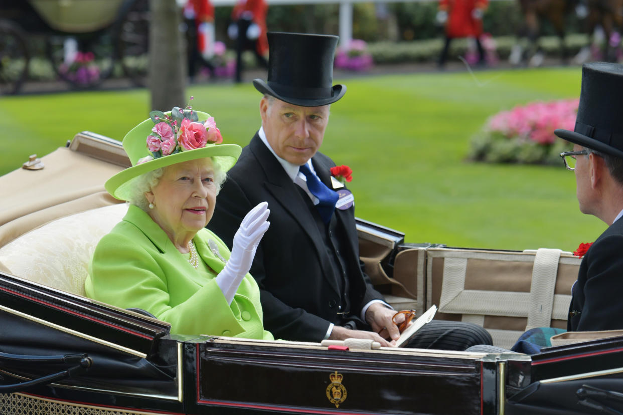 Queen Elizabeth II and David Armstrong-Jones, Earl of Snowdon arrive in the Royal procession on day 4 of Royal Ascot at Ascot Racecourse on June 22, 2018 in Ascot, England.