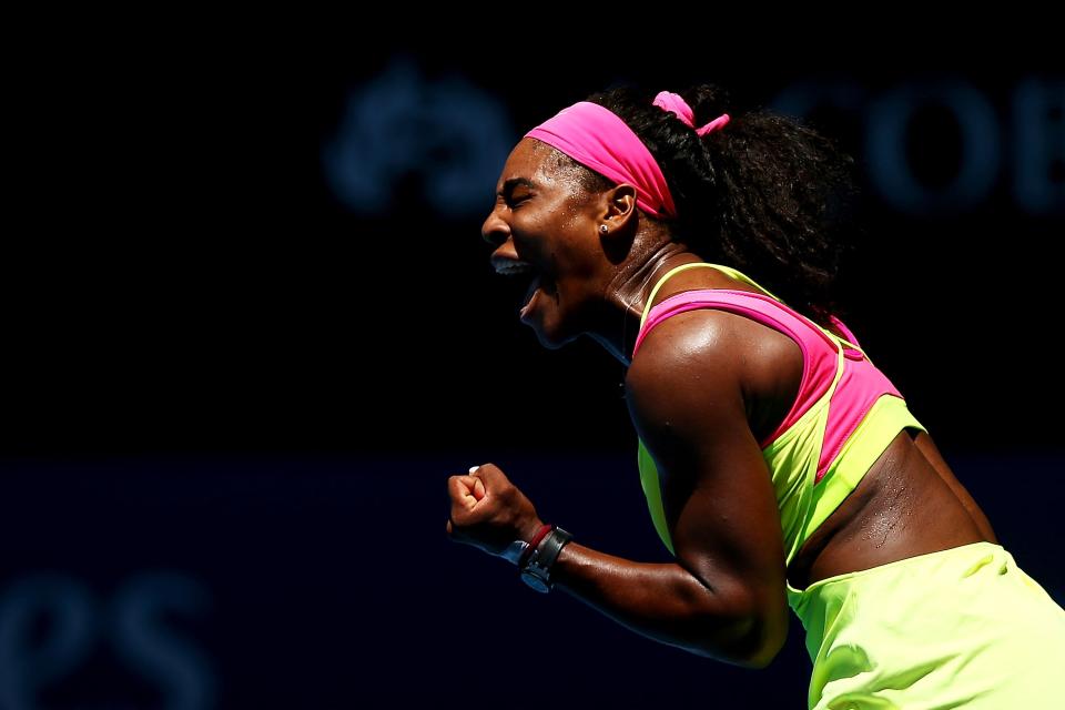 MELBOURNE, AUSTRALIA - JANUARY 24: Serena Williams of the United States celebrates winning in her third round match against Elina Svitolina of the Ukraine during day six of the 2015 Australian Open at Melbourne Park on January 24, 2015 in Melbourne, Australia. (Photo by Ryan Pierse/Getty Images)