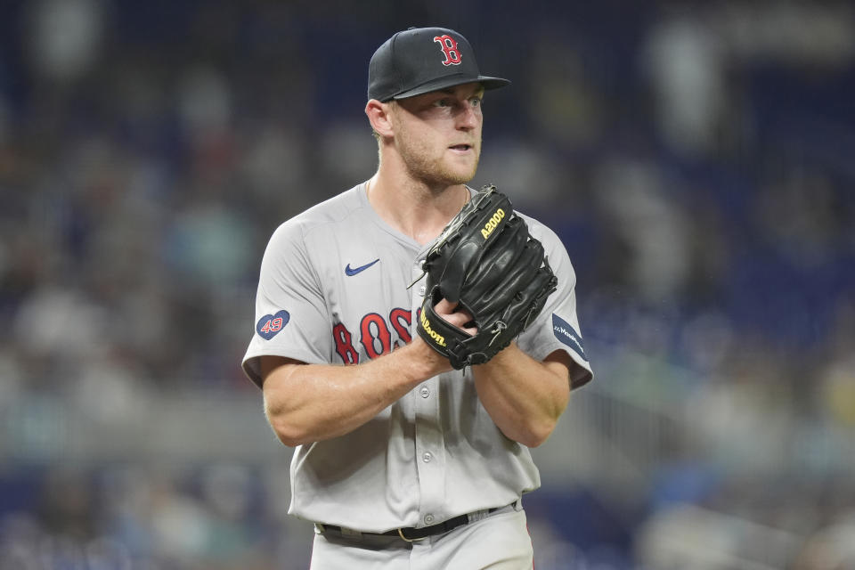 Boston Red Sox pitcher Bailey Horn (78) reacts at the end of the ninth inning of a baseball game against Miami Marlins, Tuesday, July 2, 2024, in Miami. The Red Sox's defeated the Marlins 8-3.(AP Photo/Marta Lavandier)